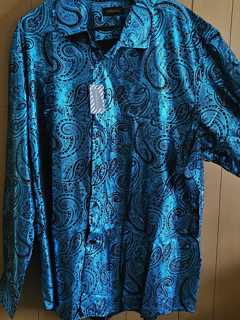 Luxe Men's Bright Teal Paisley Satin Button-Down Shirt